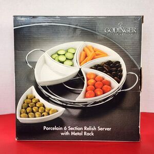 Godinger Porcelain 6 Section Relish Server w/ Metal Rack